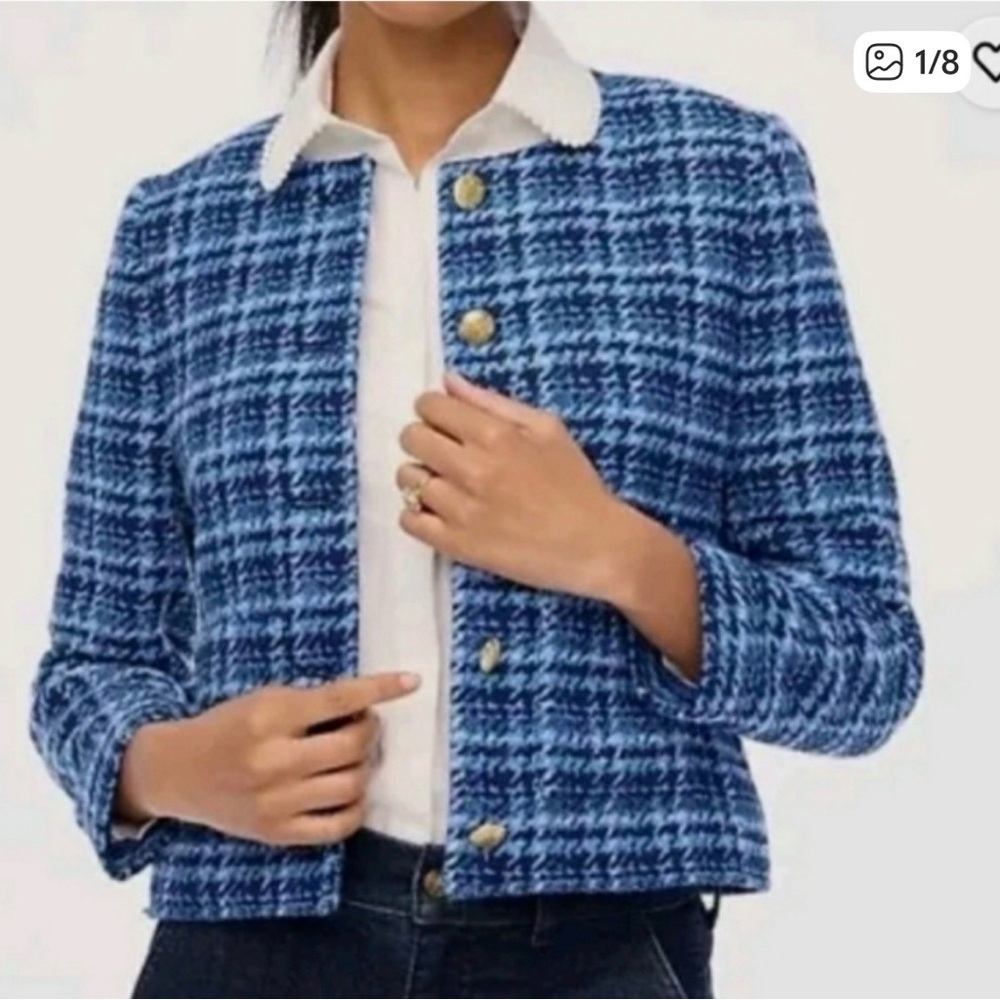 J. Crew Blue Houndstooth Tweed Wool Blazer